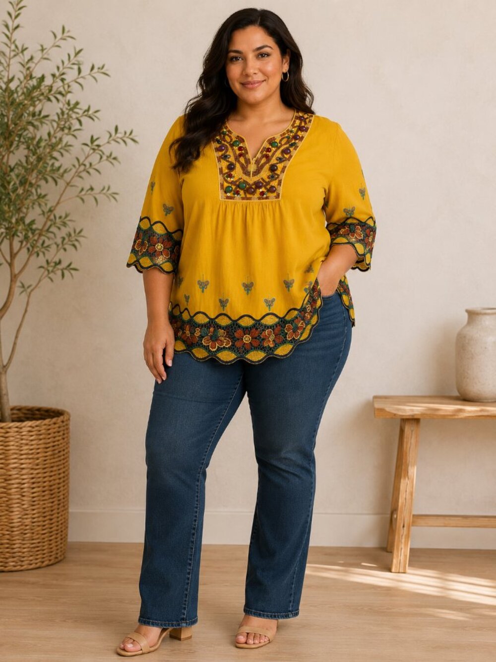 Anthropologie Nare Moda Embroidered Chambray Tunic Boho Top Women L